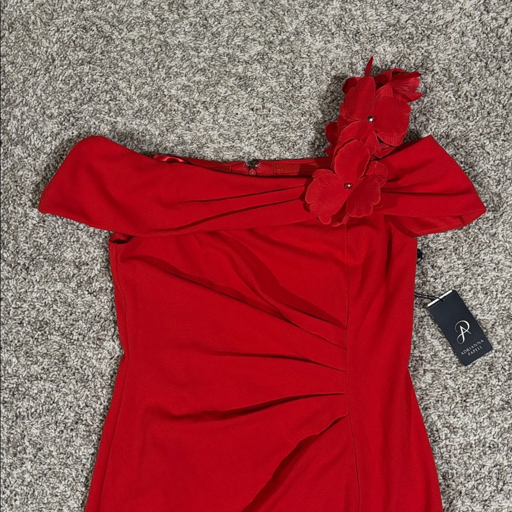 Adrianna Papell  Red Off Shoulder Asymmetric Mermaid Dress 6 - Picture 5 of 12